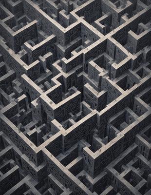 The primary subject of the image is a maze, which is a complex network of interconnecting paths. The setting is a stone wall, and the visual style is a black and white illustration. The colors and mood of the image are dark and mysterious, creating an atmosphere of intrigue and challenge.
